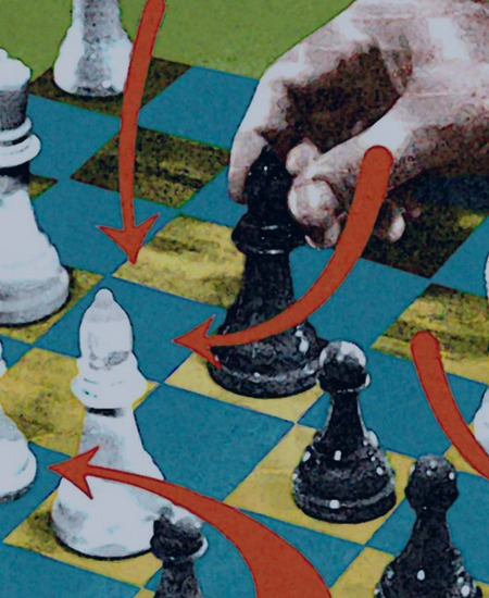 Chess pieces on a board with strategic arrows overlaid